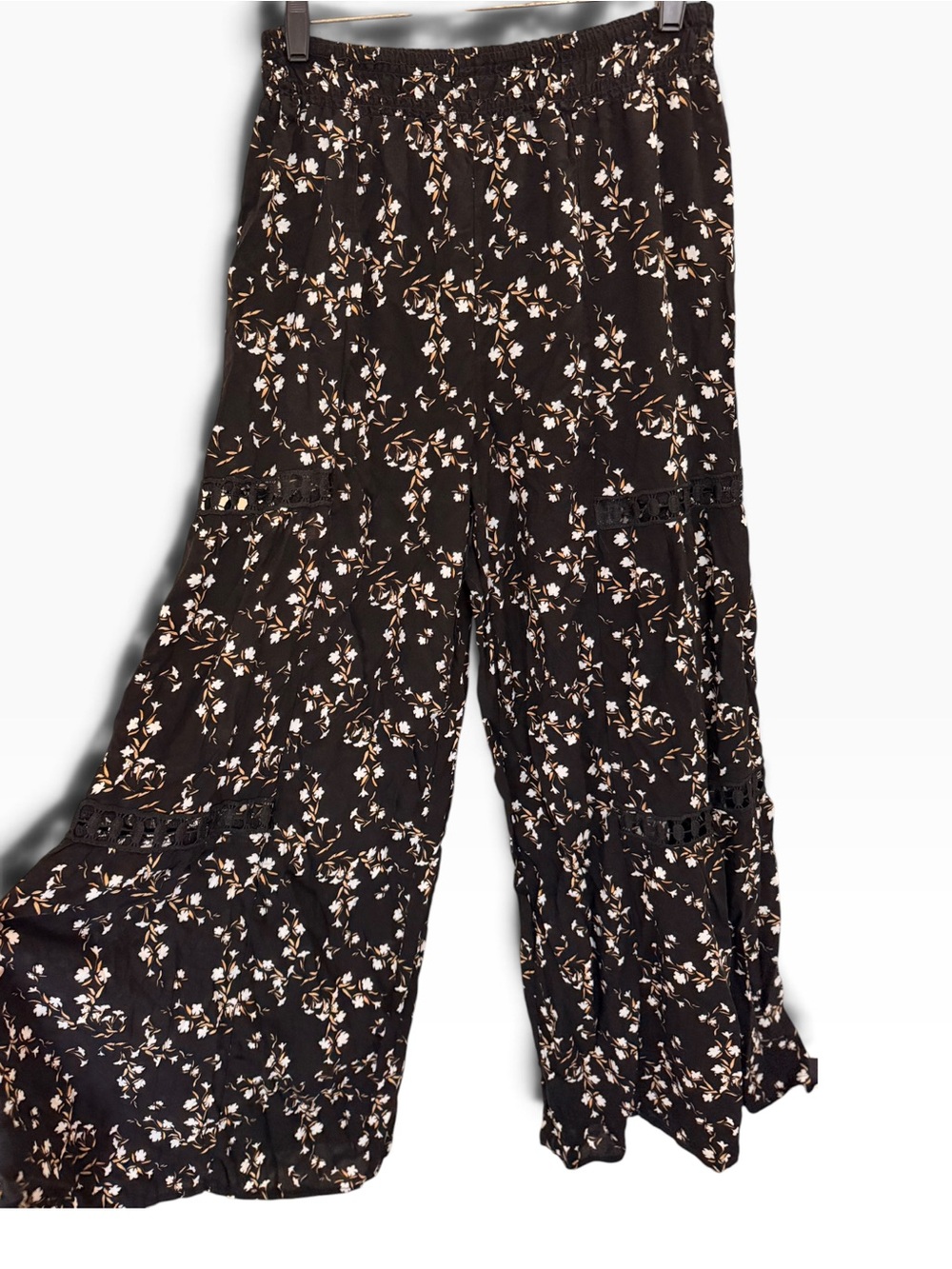 (Size L) Love Wish Black Ditsy Floral Smocked Waist Wide Leg Lounge Pants